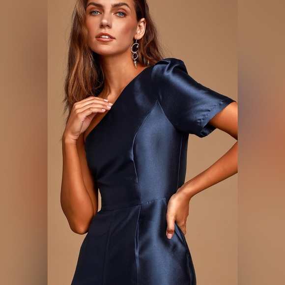 Lulus Divine Dream Navy Blue Satin One-Shoulder Culotte Jumpsuit - Picture 2 of 9